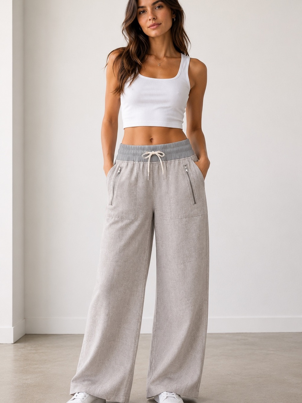 Athleta Light Gray Wide-Leg Drawstring Linen Pants